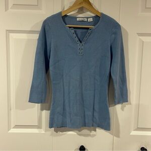 Vintage Y2K Liz Claiborne Blue Ribbed Henley Top Grommet Neck Soft Grunge 90s L